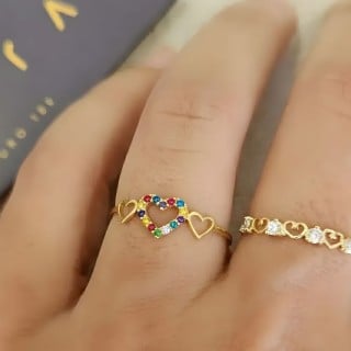 Anel de ouro feminino coração colorido