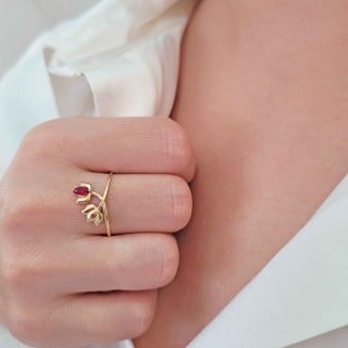 Anel de ouro 18k tulipa delicado vermelho