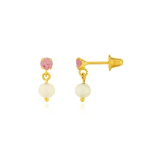 Brinco de ouro 18k com pedra zircônia rosa claro e pérola 3,5mm