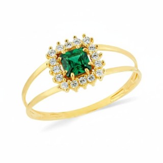 Anel de ouro 18k quadrado pedra verde 4mm