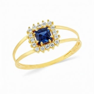 Anel quadrado pedra azul de ouro 18k