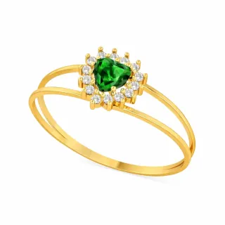 Anel coração de ouro 18k pedra verde
