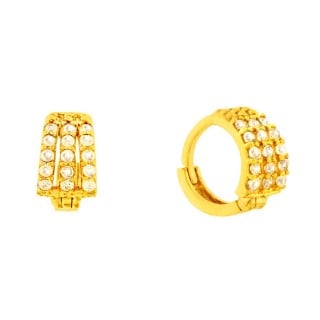 Brinco de ouro 18k argola vazada com 3 fileiras cravejadas de zircônias
