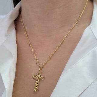 Pingente de ouro 18k cruz com detalhes frente e verso