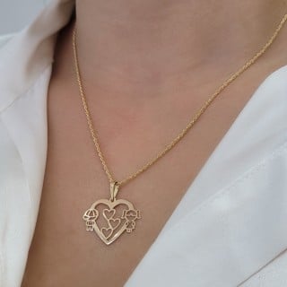 Pingente casal filhos ouro 18k coração