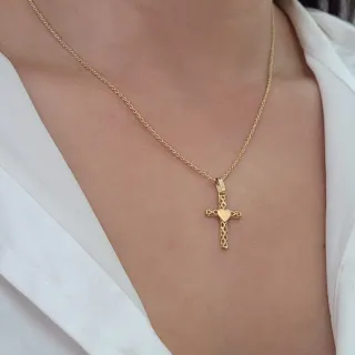 Pingente de ouro cruz 18k coração diamantada