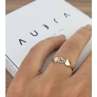 Anel de ouro 18k corações chapa e vazado com ródio