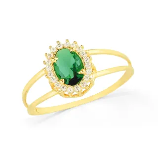 Anel de ouro 18k pedra verde oval aro duplo