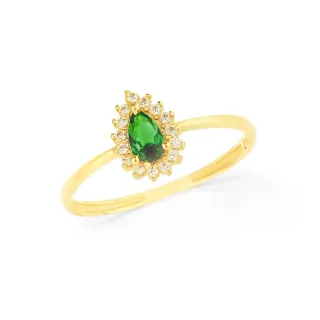 Anel pedra verde gota de ouro 18k cravejada