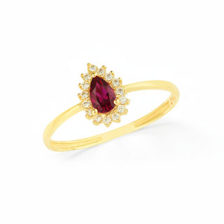 Anel de ouro 18k gota cravejado vermelho