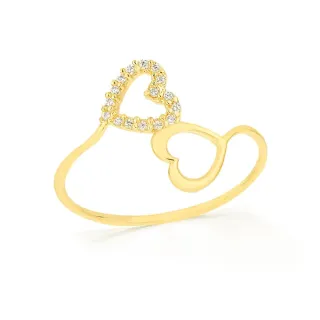 Anel coração duplo de ouro 18k cravejado e liso