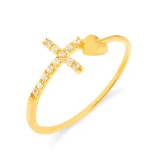 Anel de cruz e coração de ouro 18k delicado
