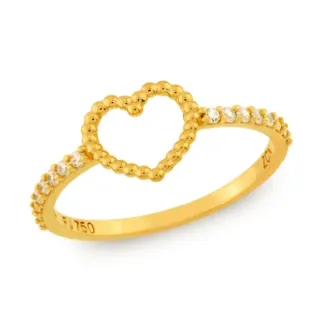 Anel de ouro 18k coração bolinhas meia aliança