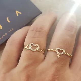 Anel de ouro 18k infinito e coração com pedra
