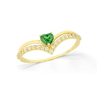 Anel de ouro coração verde 18k aro duplo V