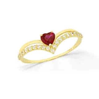 Anel de ouro coração vermelho 18k aro duplo V 