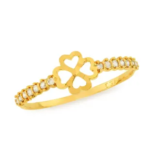 Anel feminino de ouro 18k trevo zircônias laterais