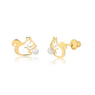 Brinco de ouro 18k infantil Esquilo pérola natural