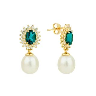 Brinco ouro 18k Topázio e Moissanite Azul profundo pérola
