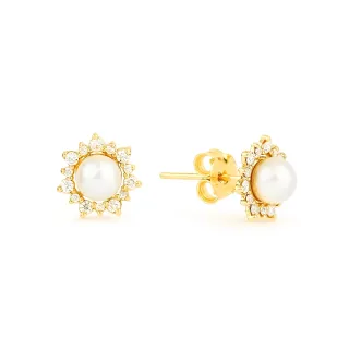 Brinco de ouro 18k pérola coroa cravejada