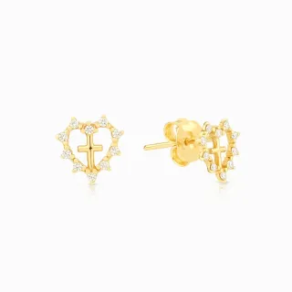Brinco de ouro 18k coração e cruz 