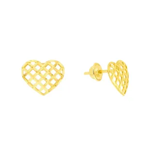 Brinco coração de ouro 18k rendado 10mm
