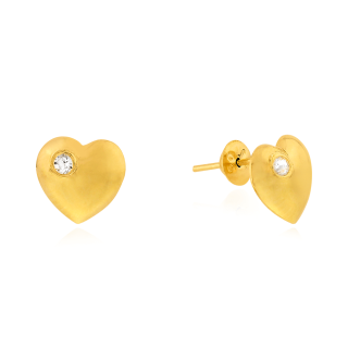 Brinco de Ouro 18k coração Face lisa com pedra lateral - R -