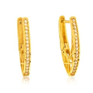 Brinco de argola de ouro 18k pedras lateral trabalhada frente