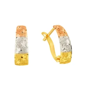 Brinco de ouro 18k 3 cores meia argola com face trabalhada
