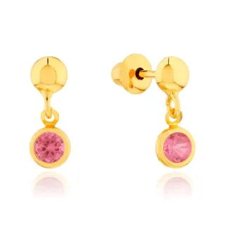 Brinco de ouro 18k bolinha com pedra rosa claro