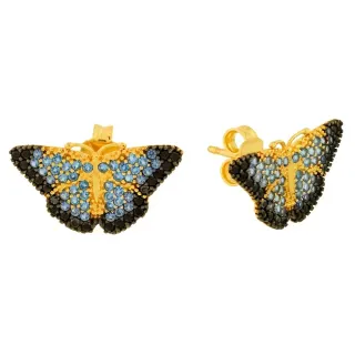  Brinco de ouro 18k borboleta pedras azuis