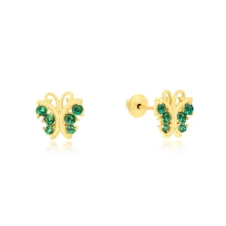 Brinco de ouro 18k borboleta pedras verdes