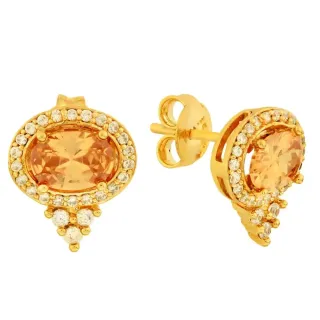 Brinco de ouro 18k citrino oval zircônias