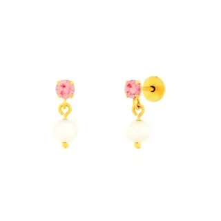 Brinco de ouro 18k com pedra zircônia rosa claro e pérola 3,5mm