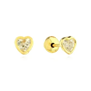 Brinco de ouro 18k coração 4mm zircônia branca / transparente
