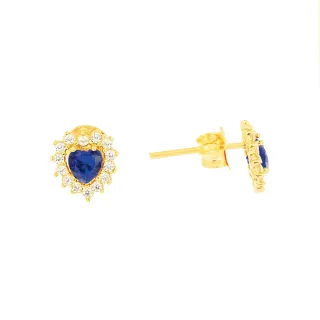 Brinco de ouro 18k coração azul cravejado