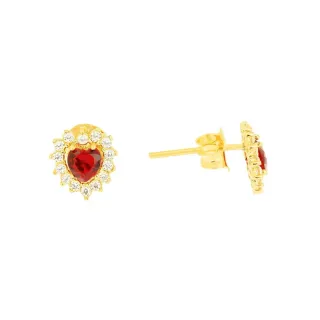 Brinco de ouro 18k coração vermelho cravejado