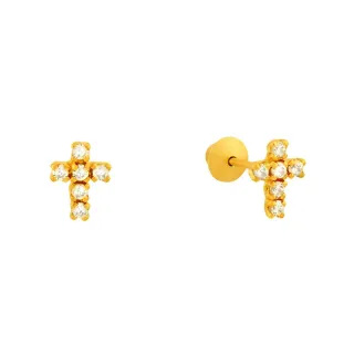 Brinco de ouro 18k cruz com pedras brancas
