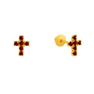Brinco de ouro 18k cruz com pedras vermelhas