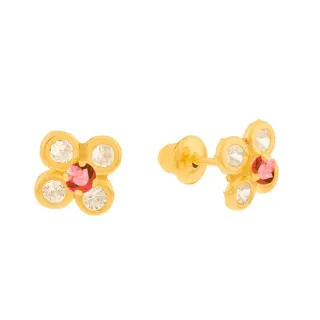 Brinco de ouro 18k florzinha pequena com zircônias centro vermelho