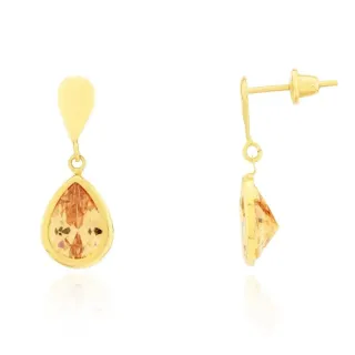 Brinco de ouro 18k gota invertida e gota de zircônia