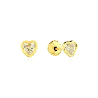 Brinco de ouro 18k infantil coração zircônia branca / transparente
