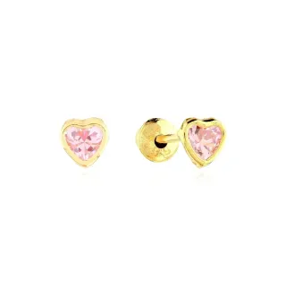 Brinco de ouro 18k infantil coração zircônia rosa