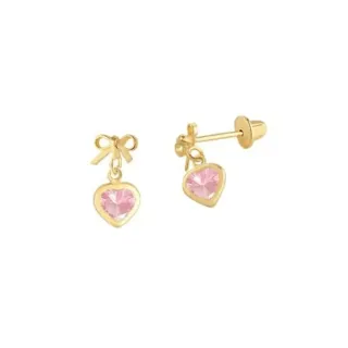 Brinco de ouro 18k infantil laço com coração de pedra rosa zircônias