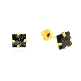 Brinco de ouro 18k infantil ou 2o furo pedra quadrada preta