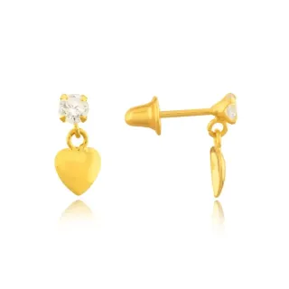  Brinco de ouro 18k infantil pedra 2,5mm com pingente coração 