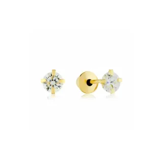 Brinco de ouro 18k infantil pedra 3mm / 2o furo / recém-nascido - Pedra branca / transparente