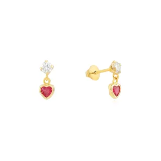 Brinco de ouro 18k infantil pedra vermelha com pingente coração REF: 20433v