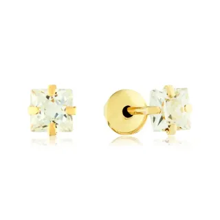 Brinco de ouro 18k infantil / segundo furo – quadrado 3mm– pedra zircônia branca / transparente