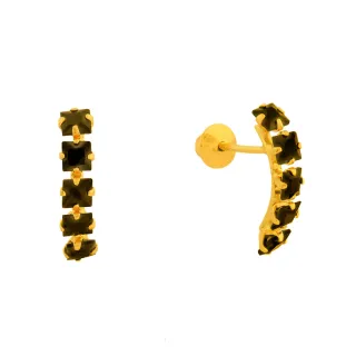 Brinco de ouro 18k meia argola zircônias pretas